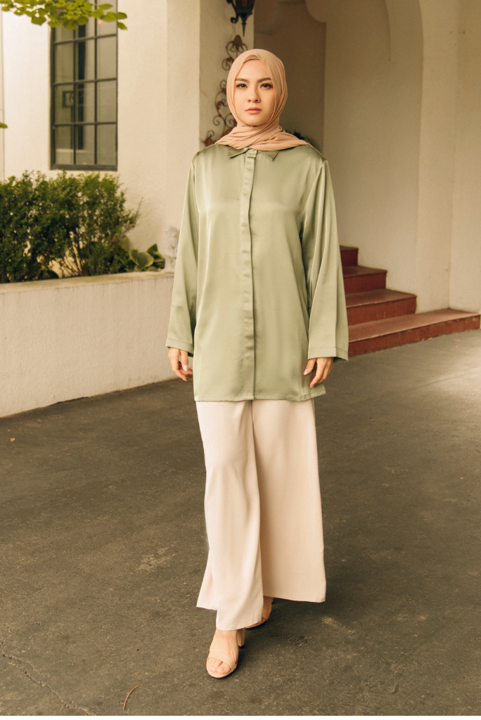 Layna Satin Top - Olive Jade