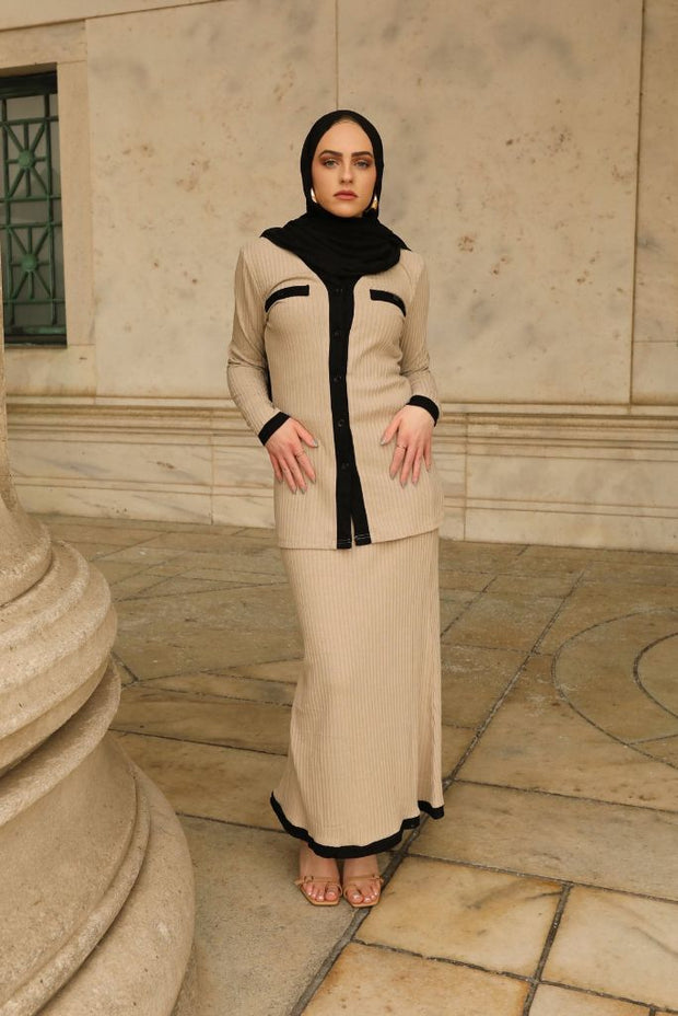 Bella Matching Ribbed Top & Skirt Set - Stone Oat