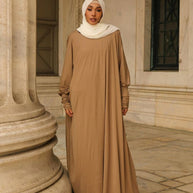 Madinah Smocked Sleeve Batwing Abaya - Biscotti